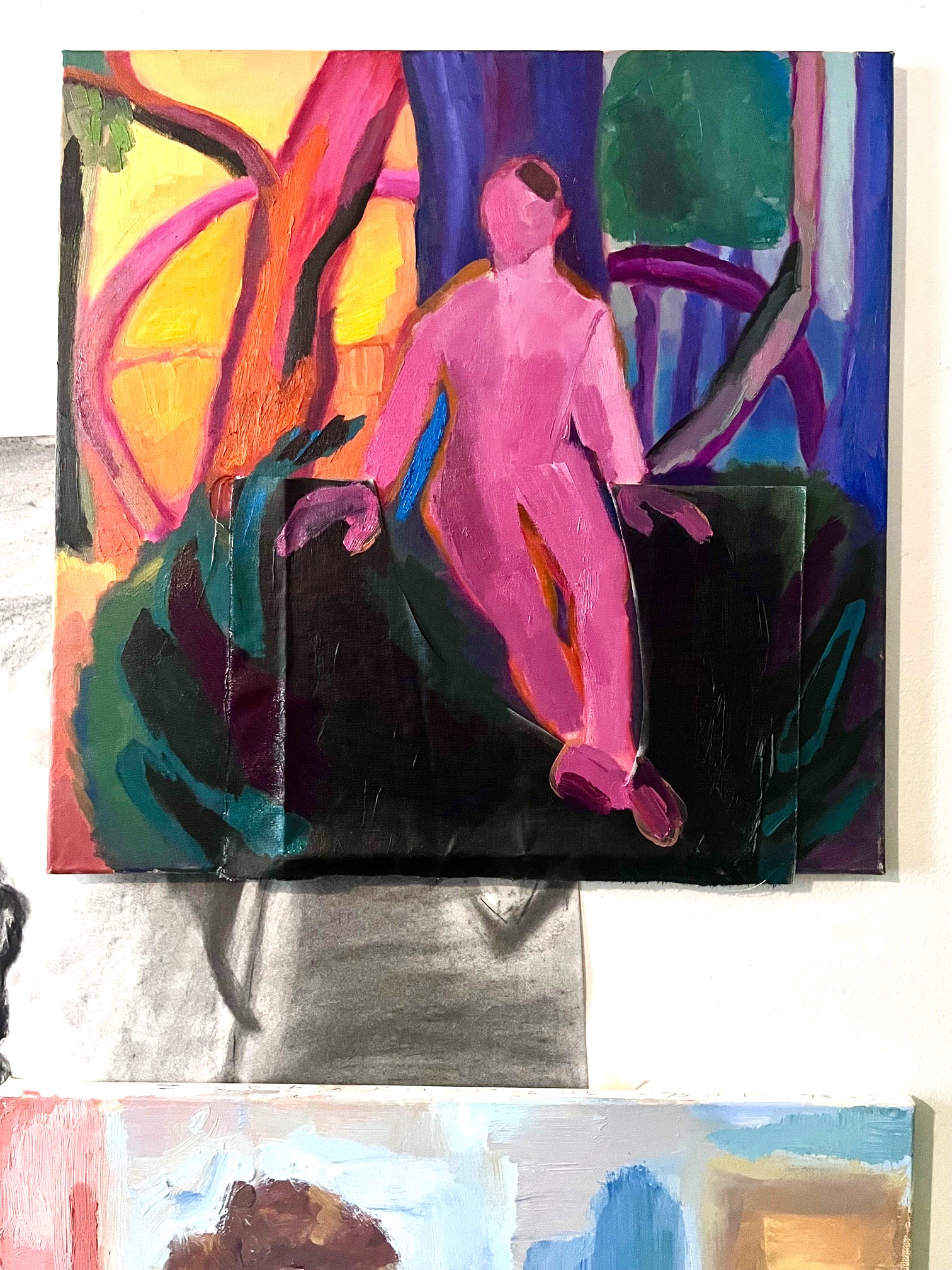 Fauve style painting of a pink male figure perched on a mound in a neon forest