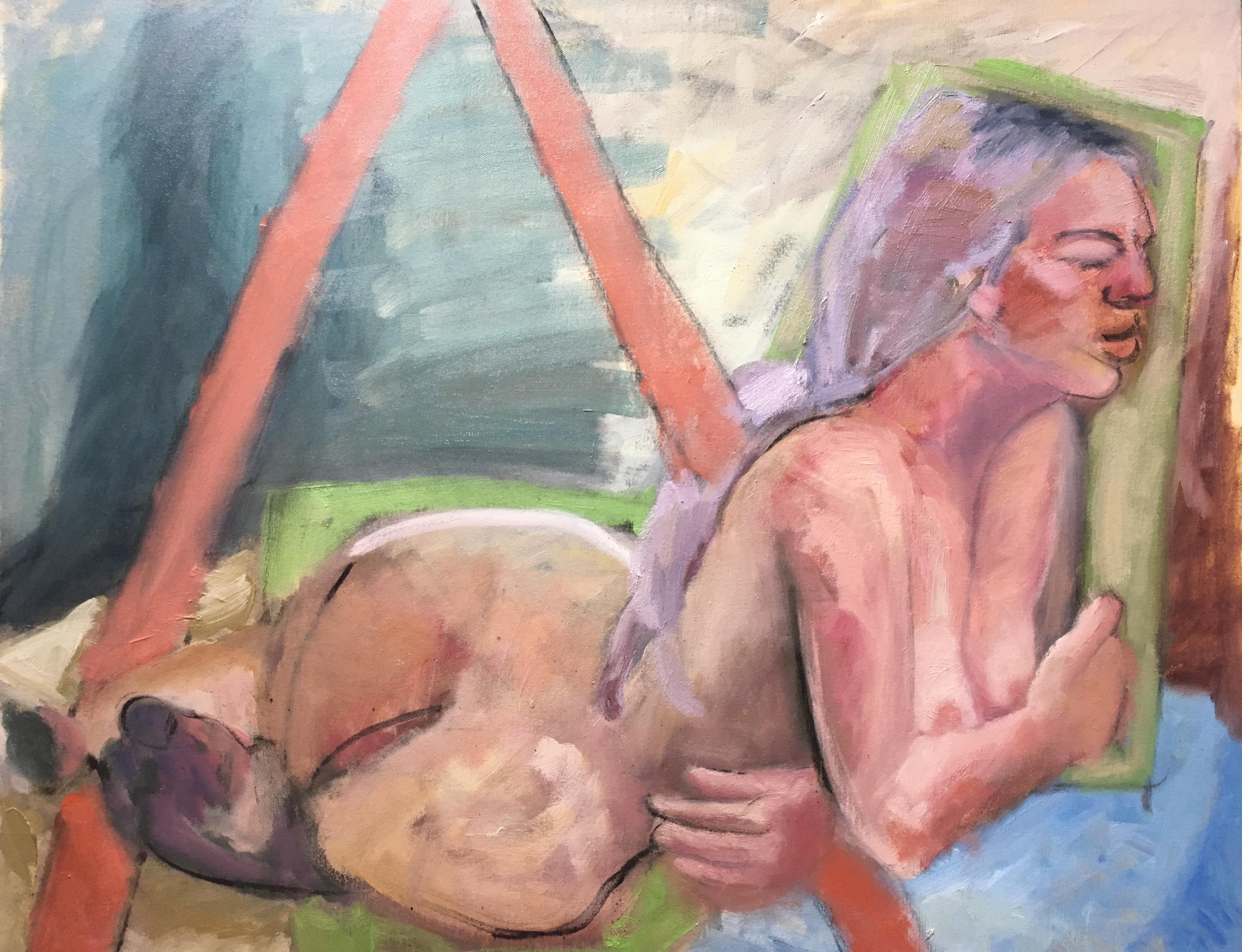 Colorful, broadstroke female figure painting with charcoal lines