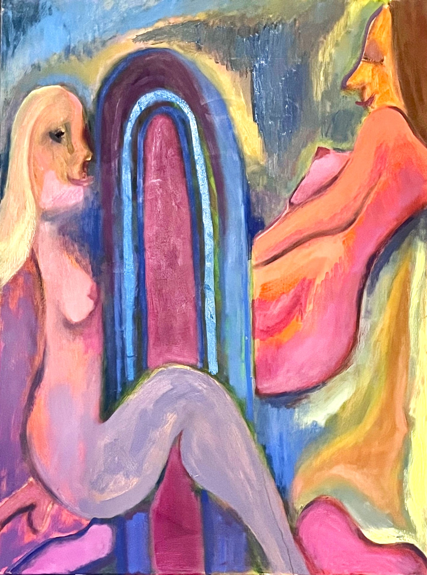 Colorful painting of two imaginary female figures with a portal