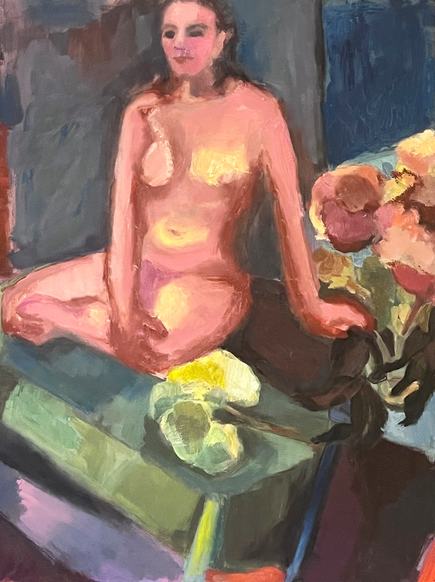 Seated nude female figure painting with flowers