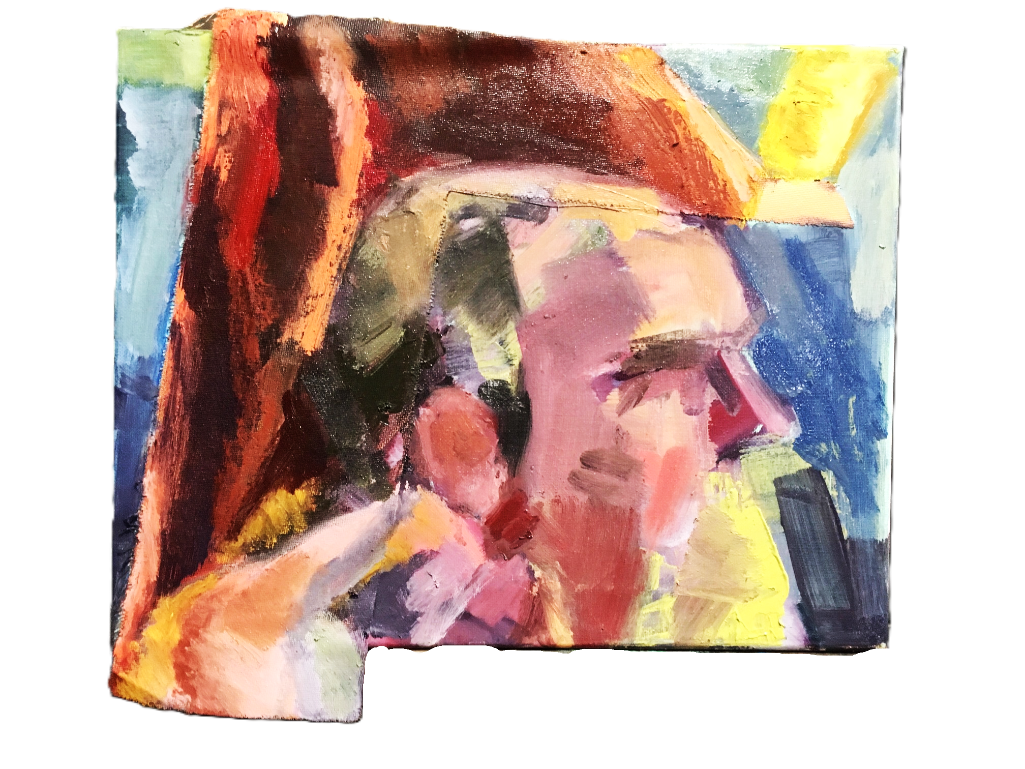 Colorful action style portrait painting of a male on shaped canvas