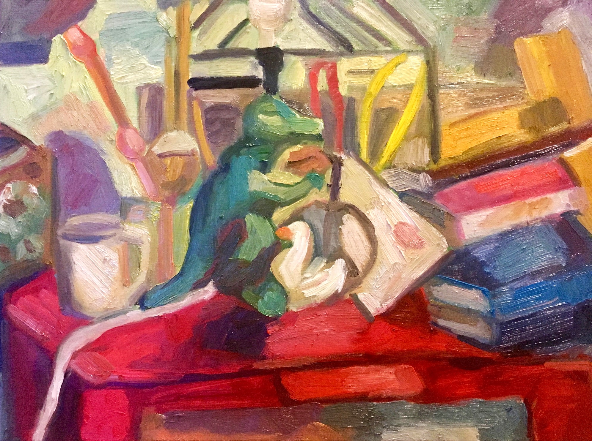 Hypercolor thickly painted still life of clutter on a red chest with a green Dino lamp