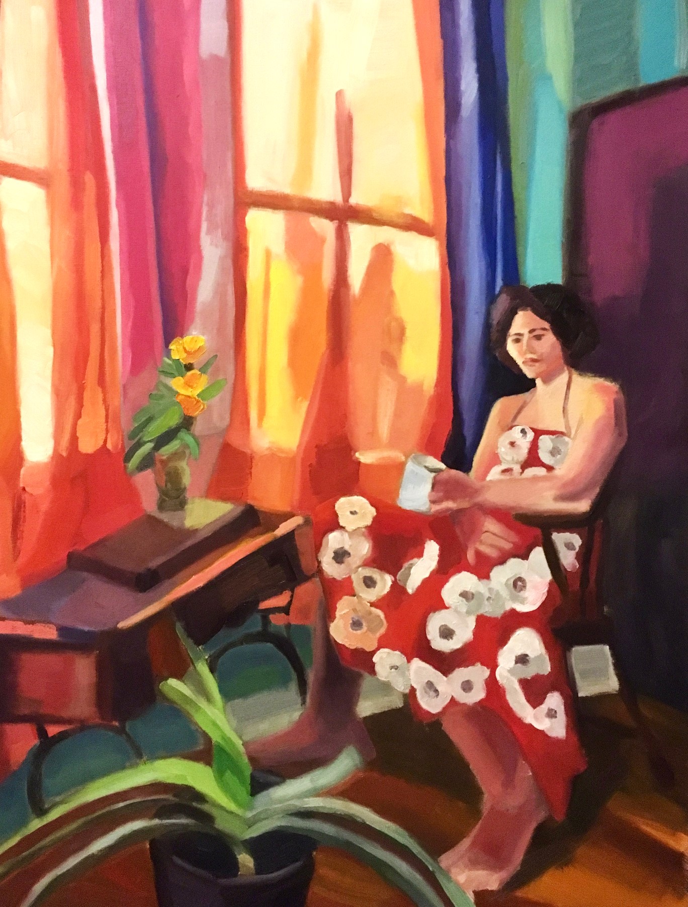 Female portrait painting in orange tones