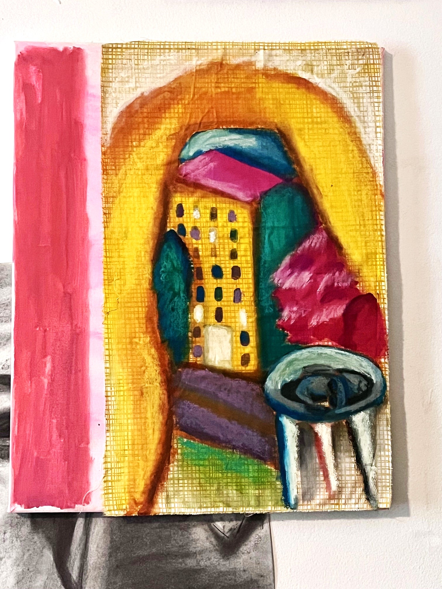 Fauve style window scene painting of a city building