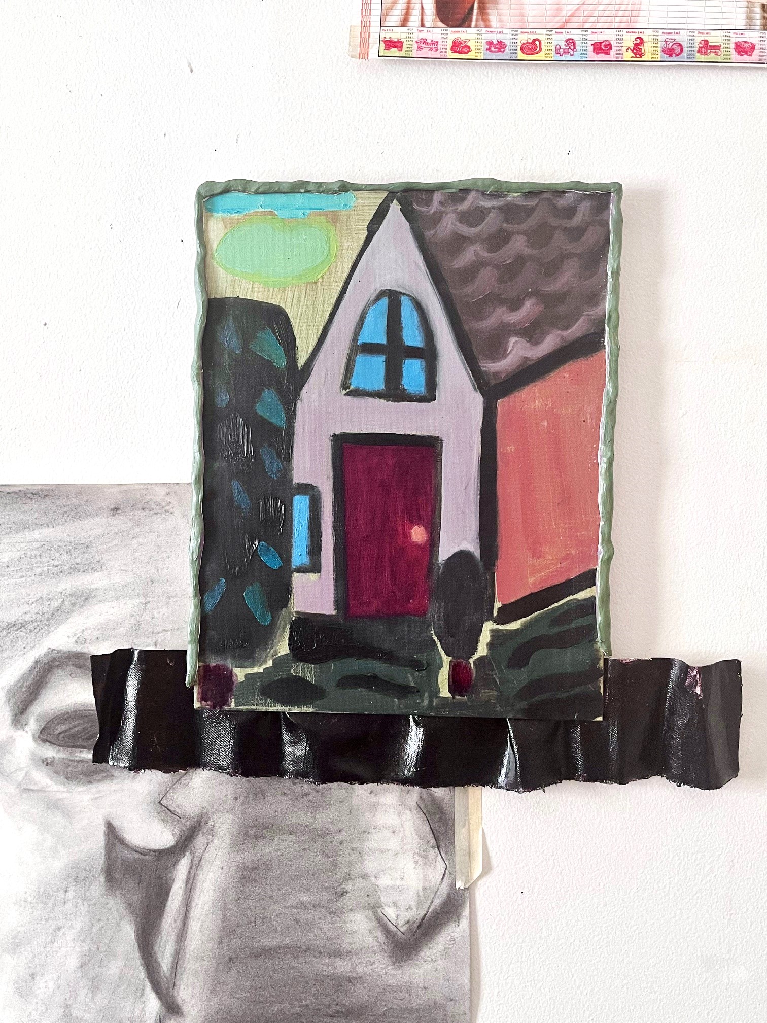 Cute lil dream home painting, kinda like a Gingerbread House in muted pastels w painted canvas flap on bottom and painted clay frame