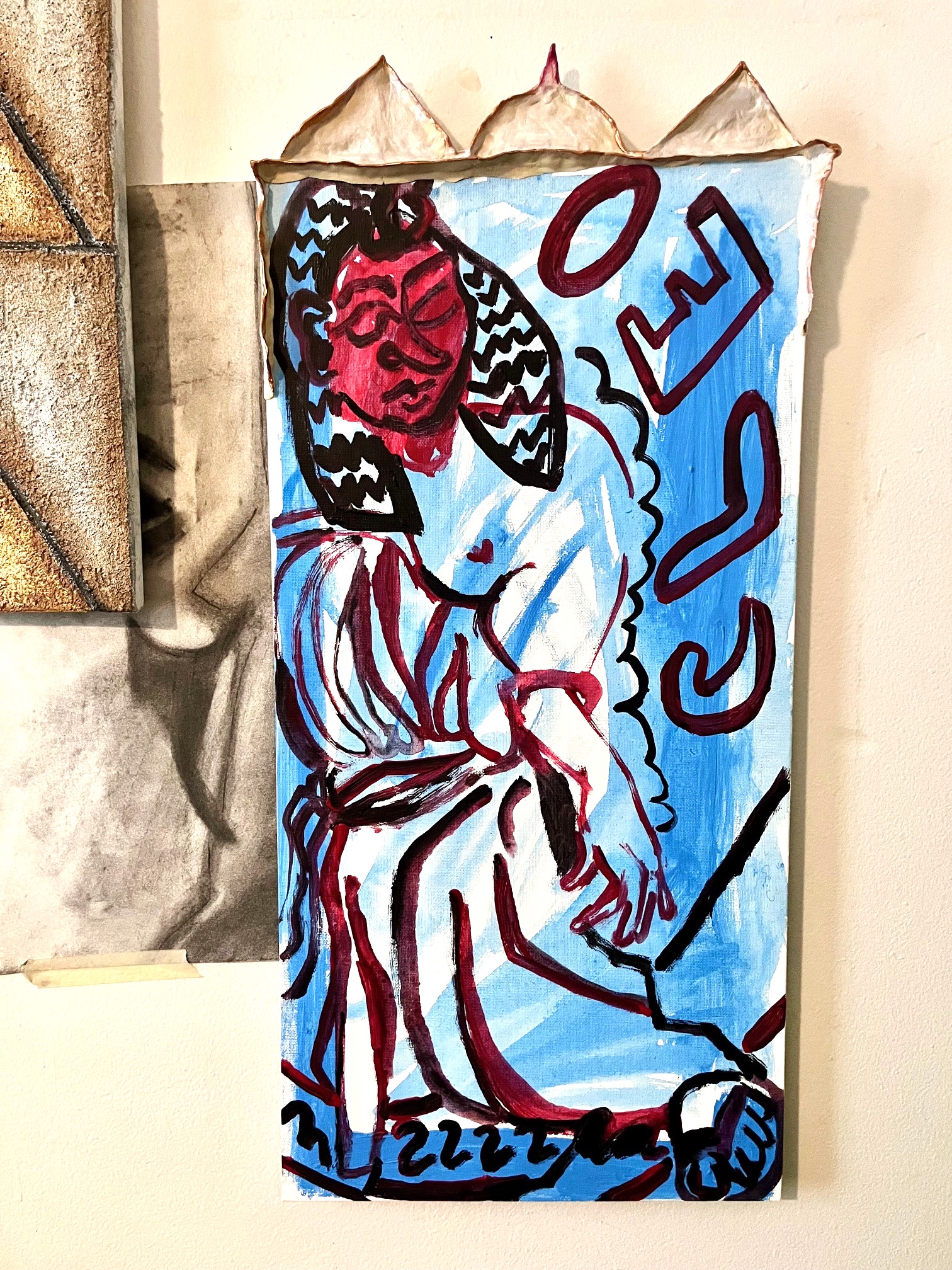 Acrylic sketch of Cleopatra statue in black, red, blue tones with pearly cream clay crown top