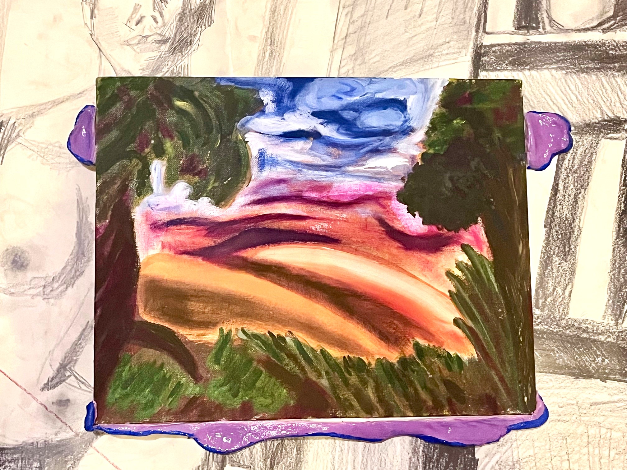 Golden hill landscape scene painting with lavender clay cloud edges