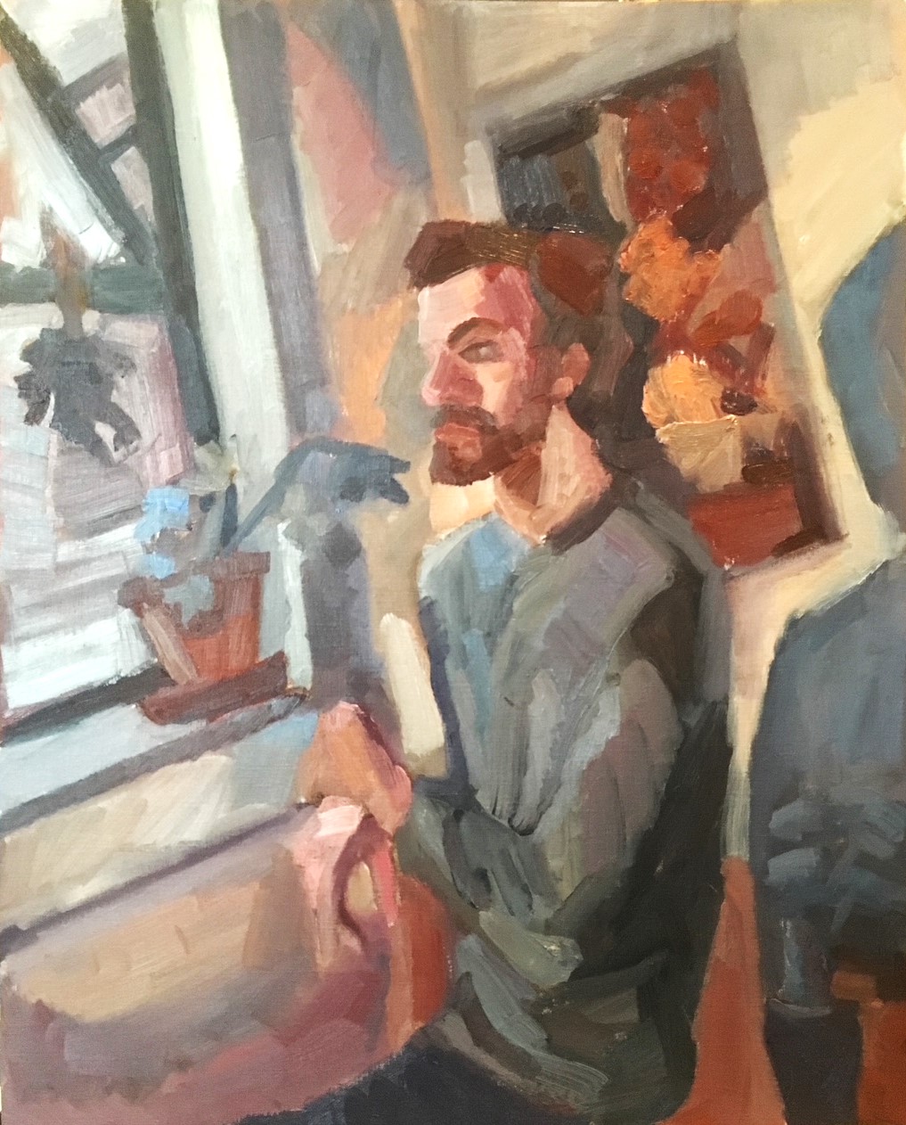 Painting of a man sitting by the window in earth tones