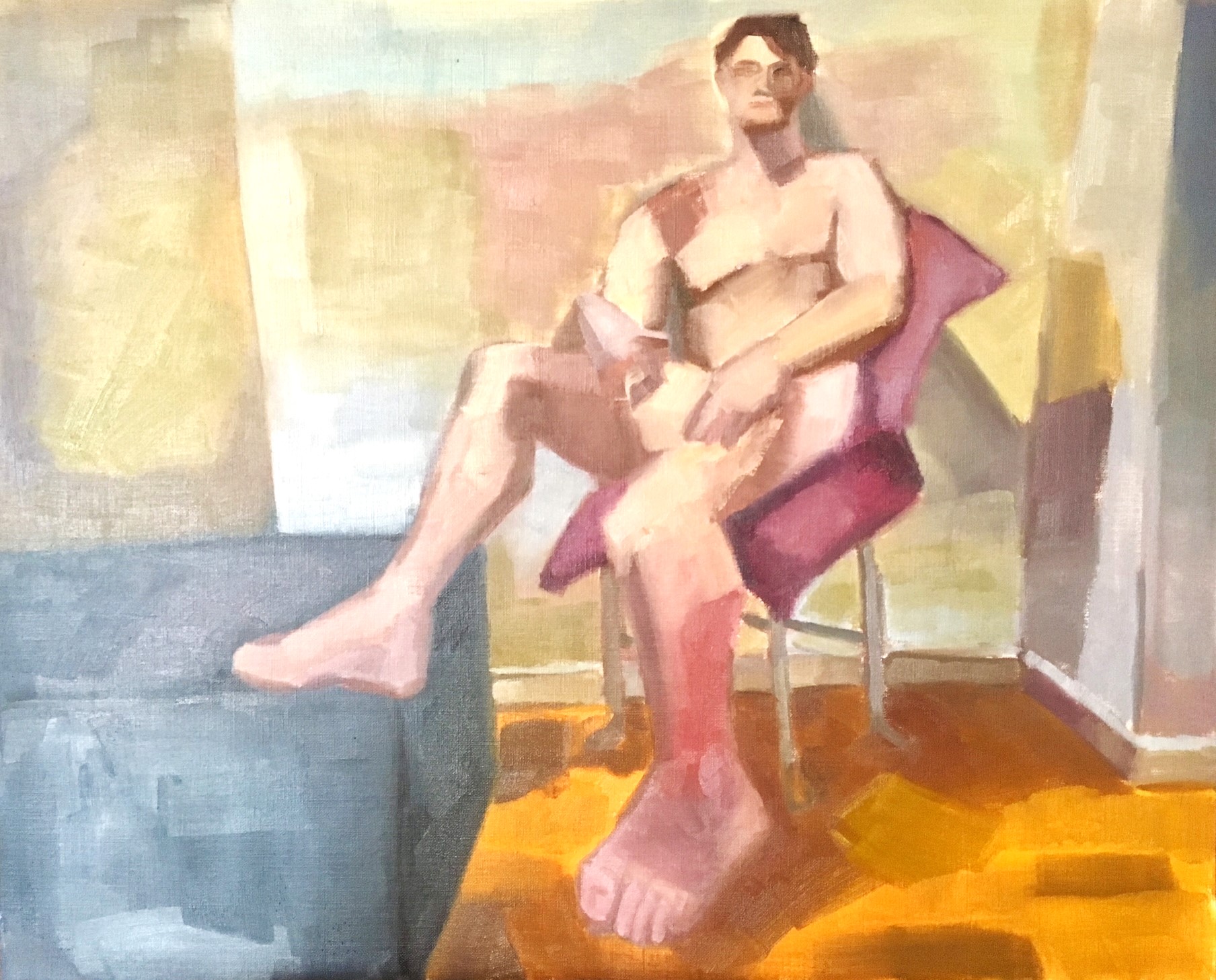 Tonal male seated figure painting with a big foot