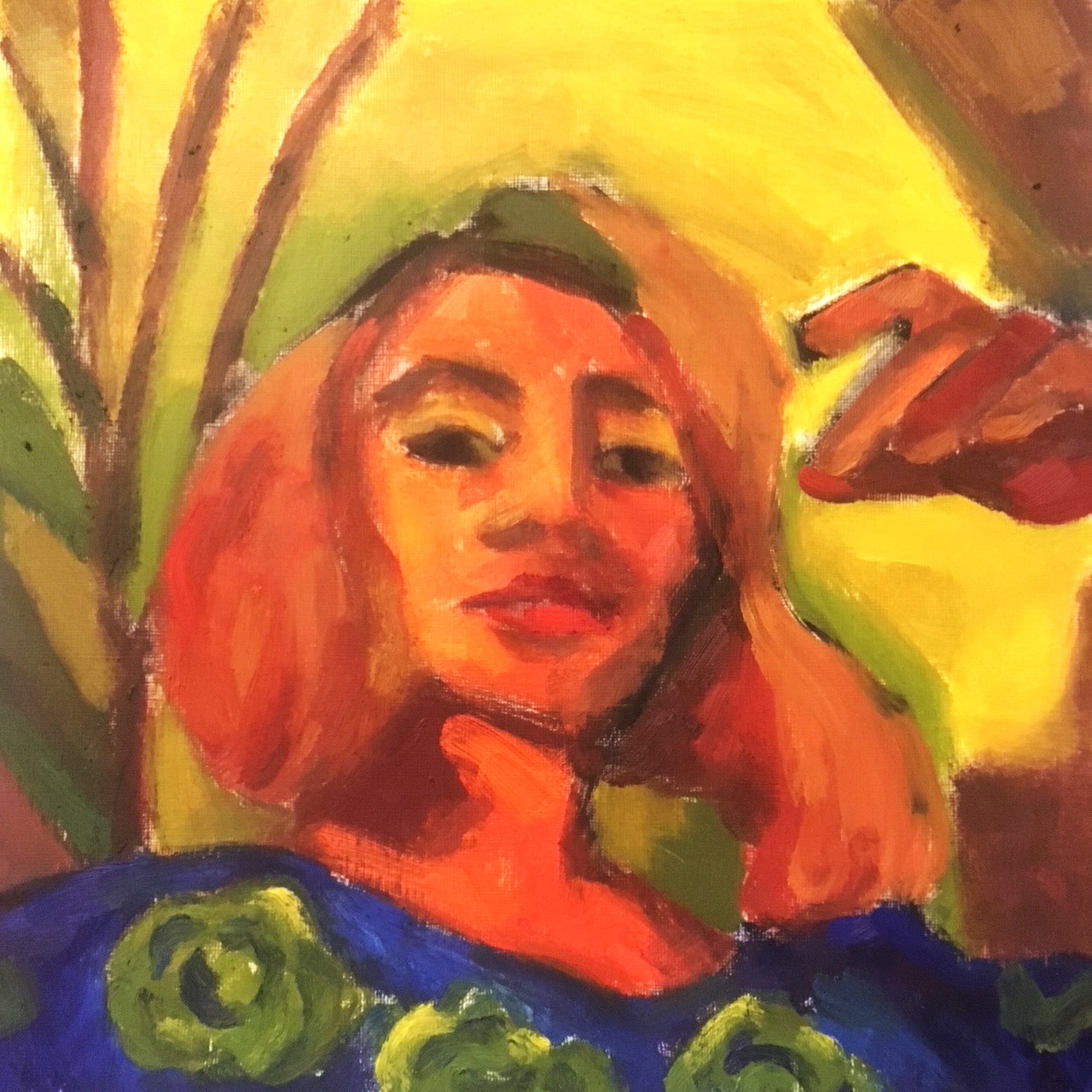 Female portrait painting in orange tones
