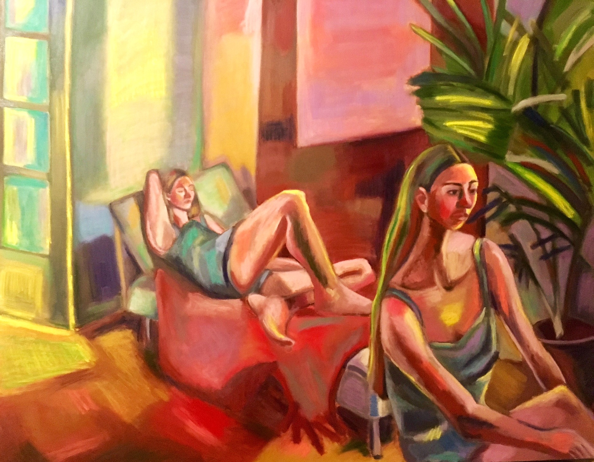 Hypercolor painting of 2 women lounging interior scene with a palm plant