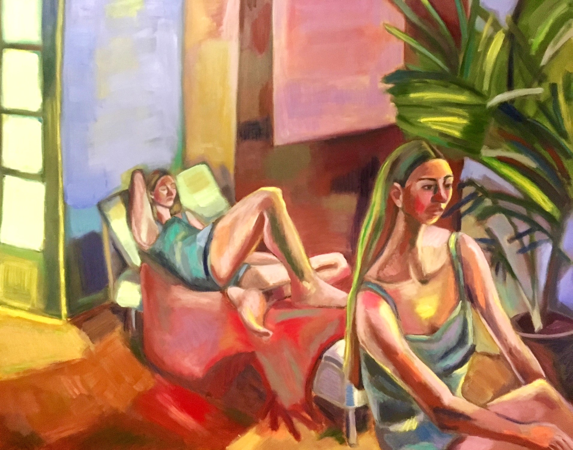 Painting of two women in a living room with a palm plant